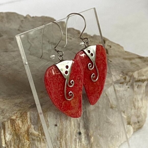 Sterling Silver 925 1.83" Red Sponge Coral Scrollwork Dangle Earrings 4.6g - Picture 8 of 16